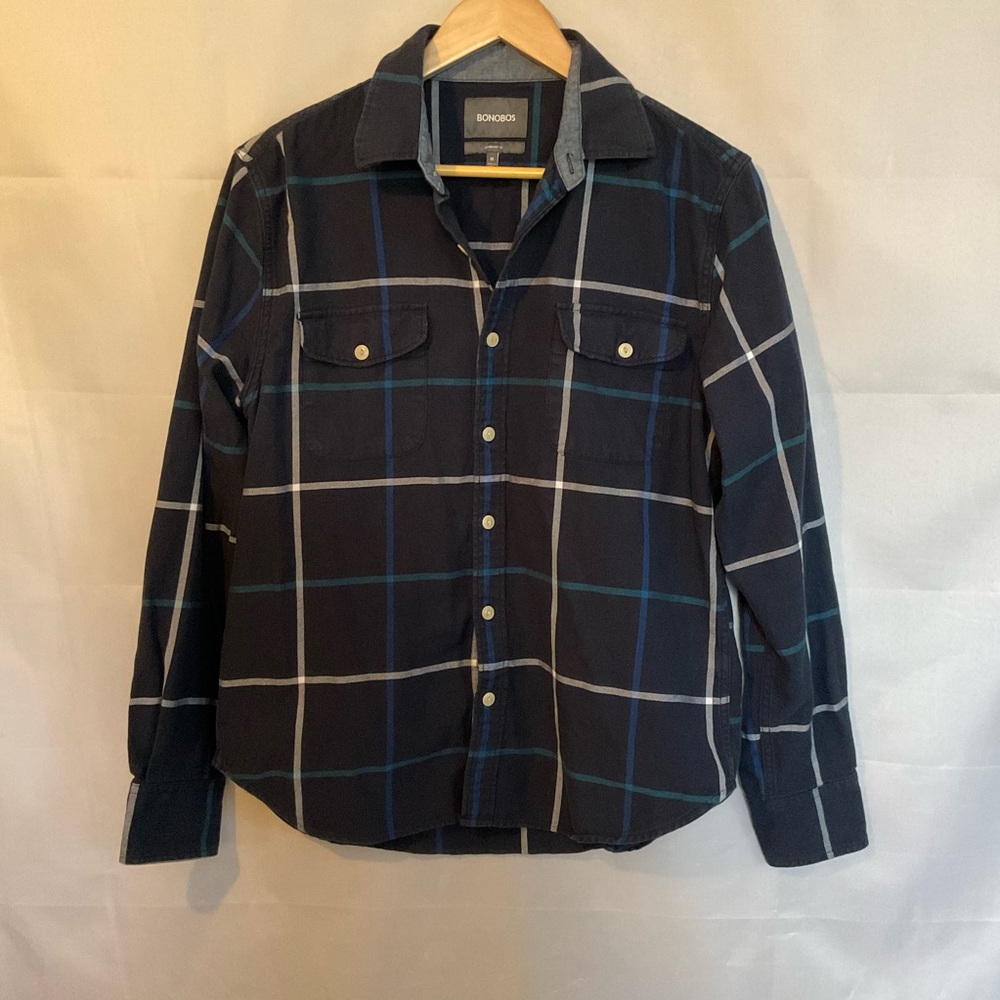Bonobos Standard Fit Navy Grid Plaid Flannel Button Down Shirt